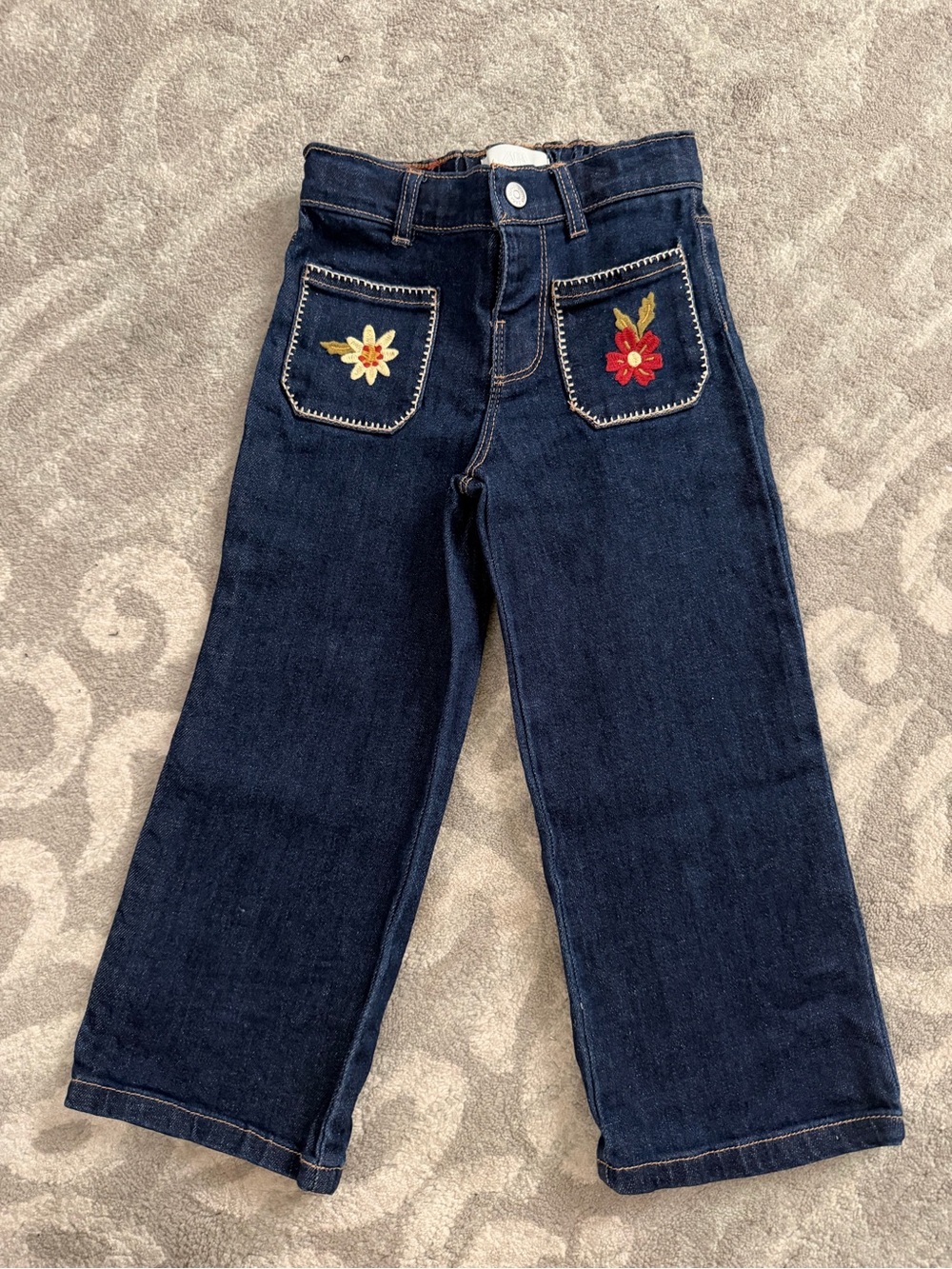 Girls' Zara Dark Blue Denim Embroidered Pocket Jeans flare jeans